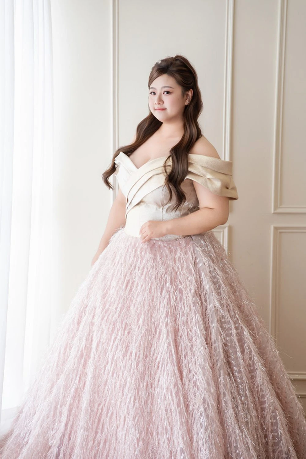 香檳流蘇裙晚禮服 正面